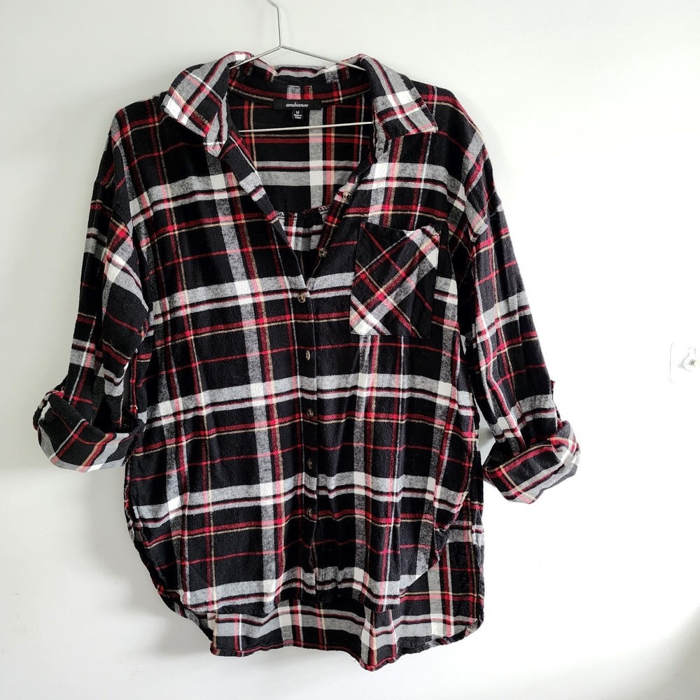 Ambiance Plaid Flannel Shirt Womens Medium Black Red Grunge Casual Layering